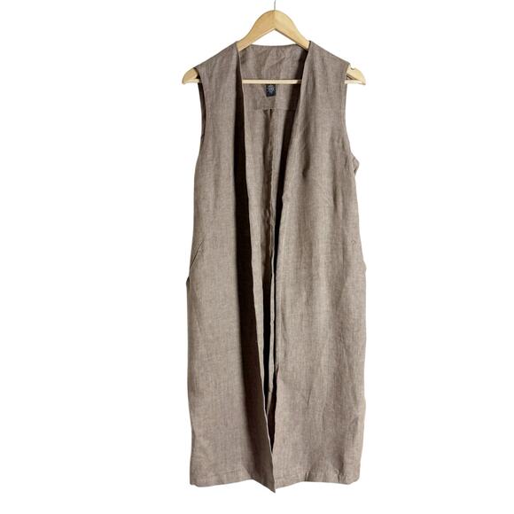 Eleventy Brown Linen Sleeveless Open Front Long Duster Trench Vest Size 10 - Picture 1 of 11